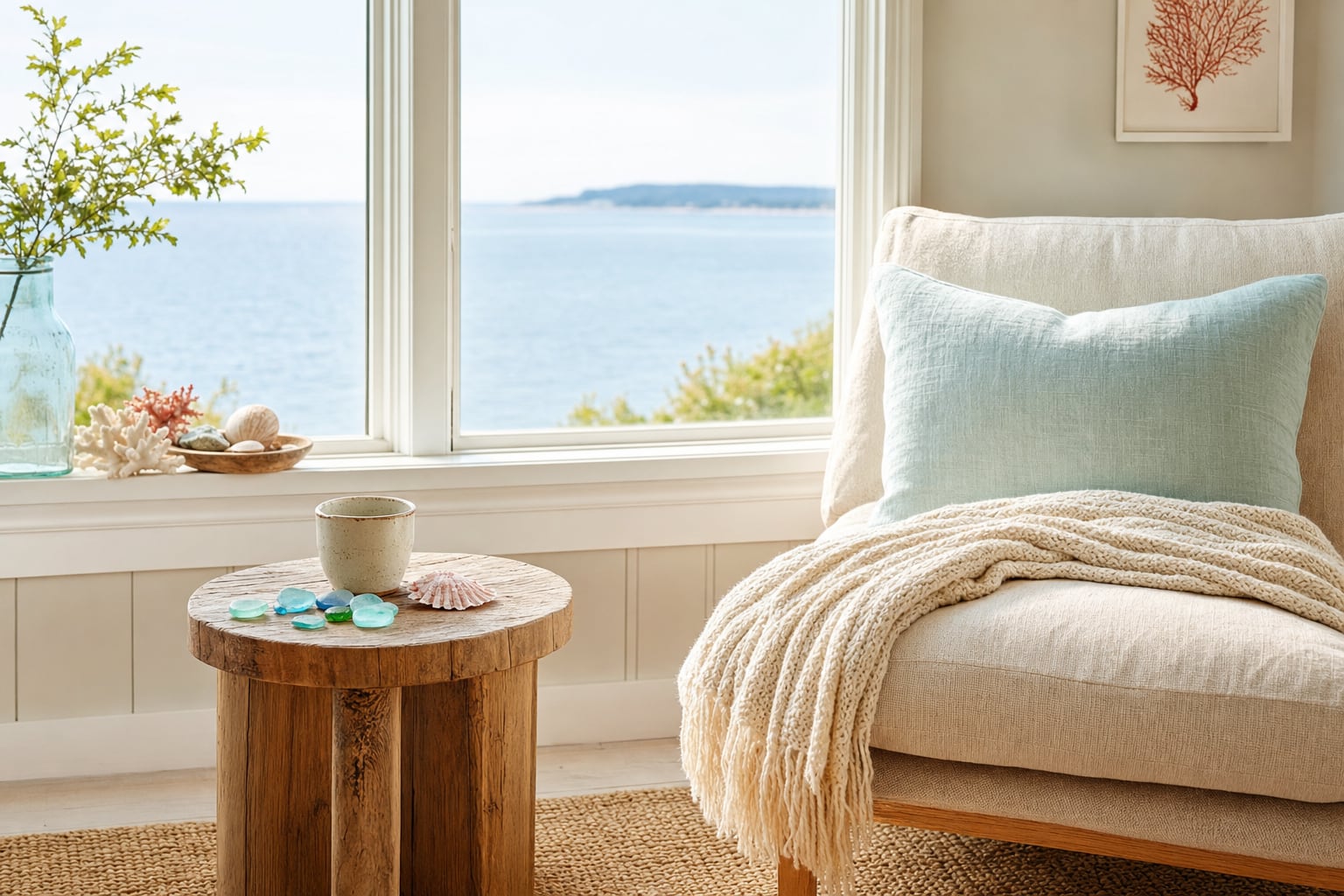 A quiet ocean-view corner with a cream chair, linen throw, sea glass, and a ceramic cup