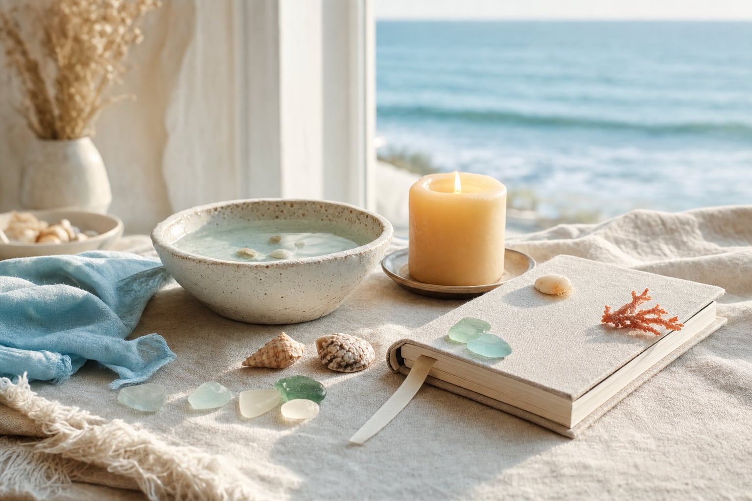 Ocean-inspired self-care ritual with a water bowl, candle, shells, sea glass, and journal