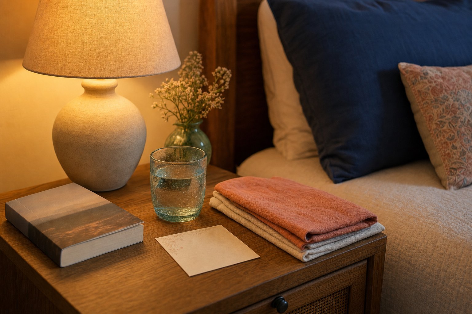 A warm bedside table with a lamp, book, water, folded linen, and a handwritten note card