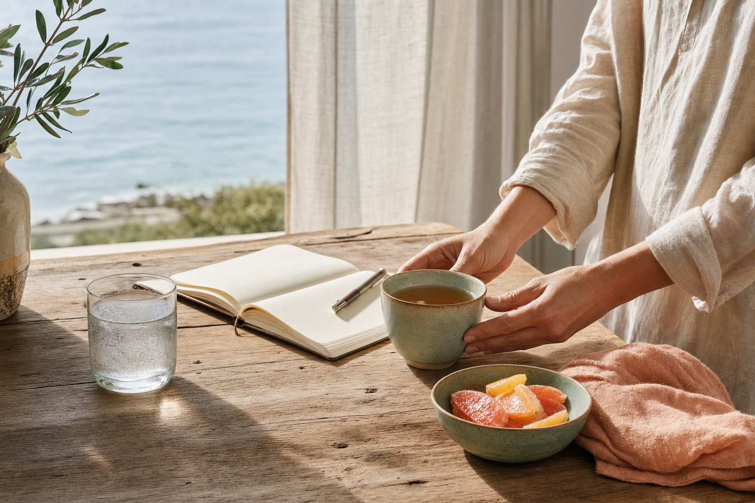 Hands arranging tea, water, citrus, and an open journal on a sunlit table