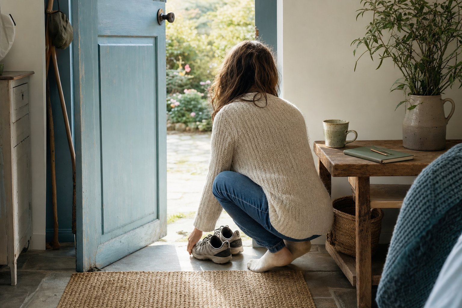 A person seen from behind putting on walking shoes near tea and a journal by an open door