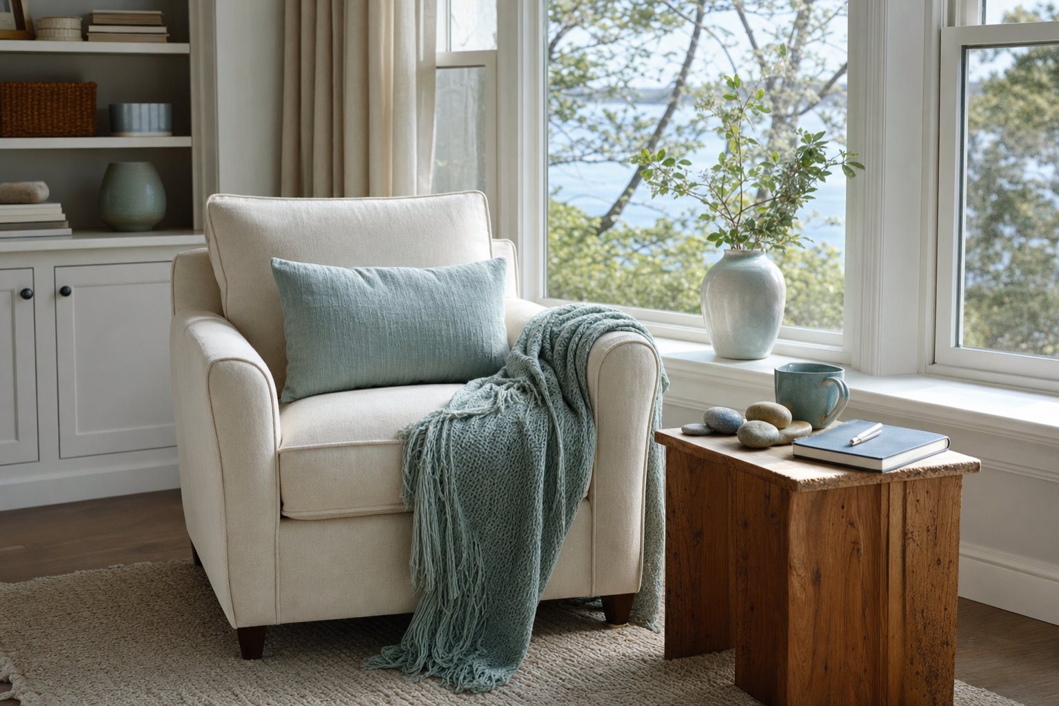 A quiet cream chair by a window with a blanket, journal, tea, and smooth shoreline stones