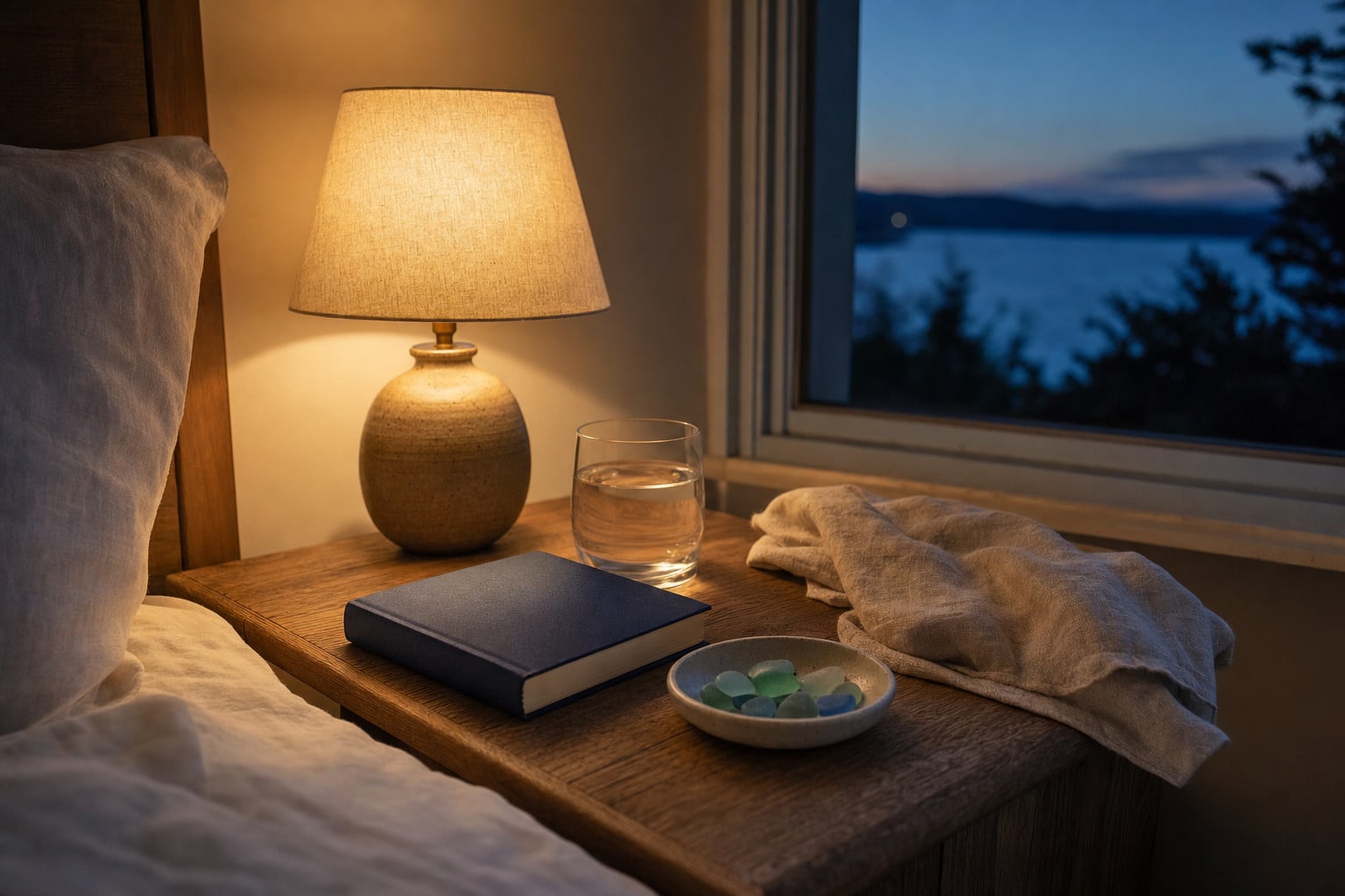 A warm bedside table with a lamp, water, book, sea glass, and folded linen at dusk