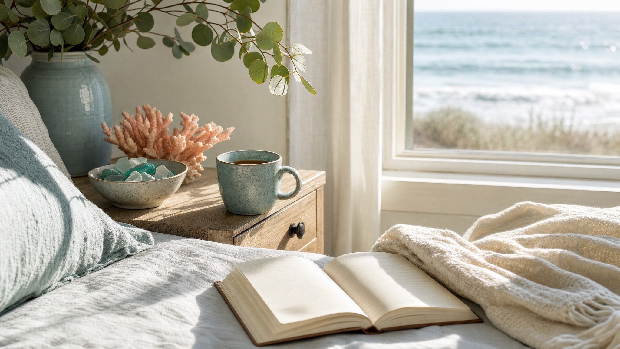 A sunlit ocean-view bedroom with a journal, tea, sea glass, and soft linens
