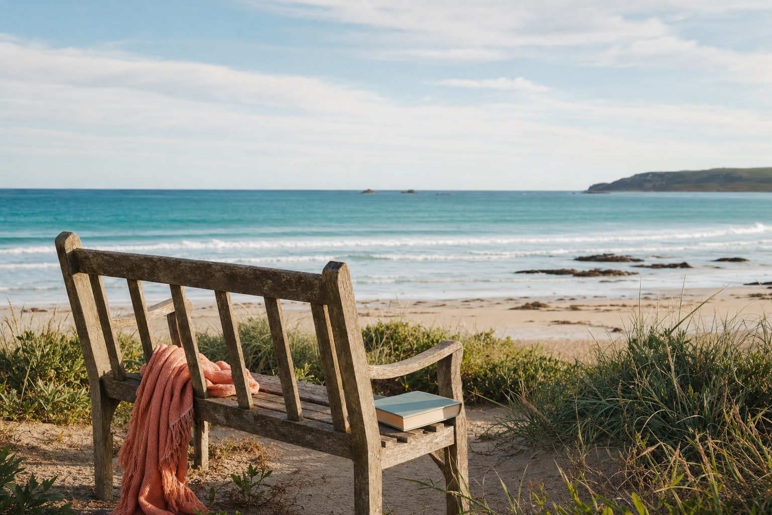 A weathered bench with a blanket and book overlooking a calm shoreline