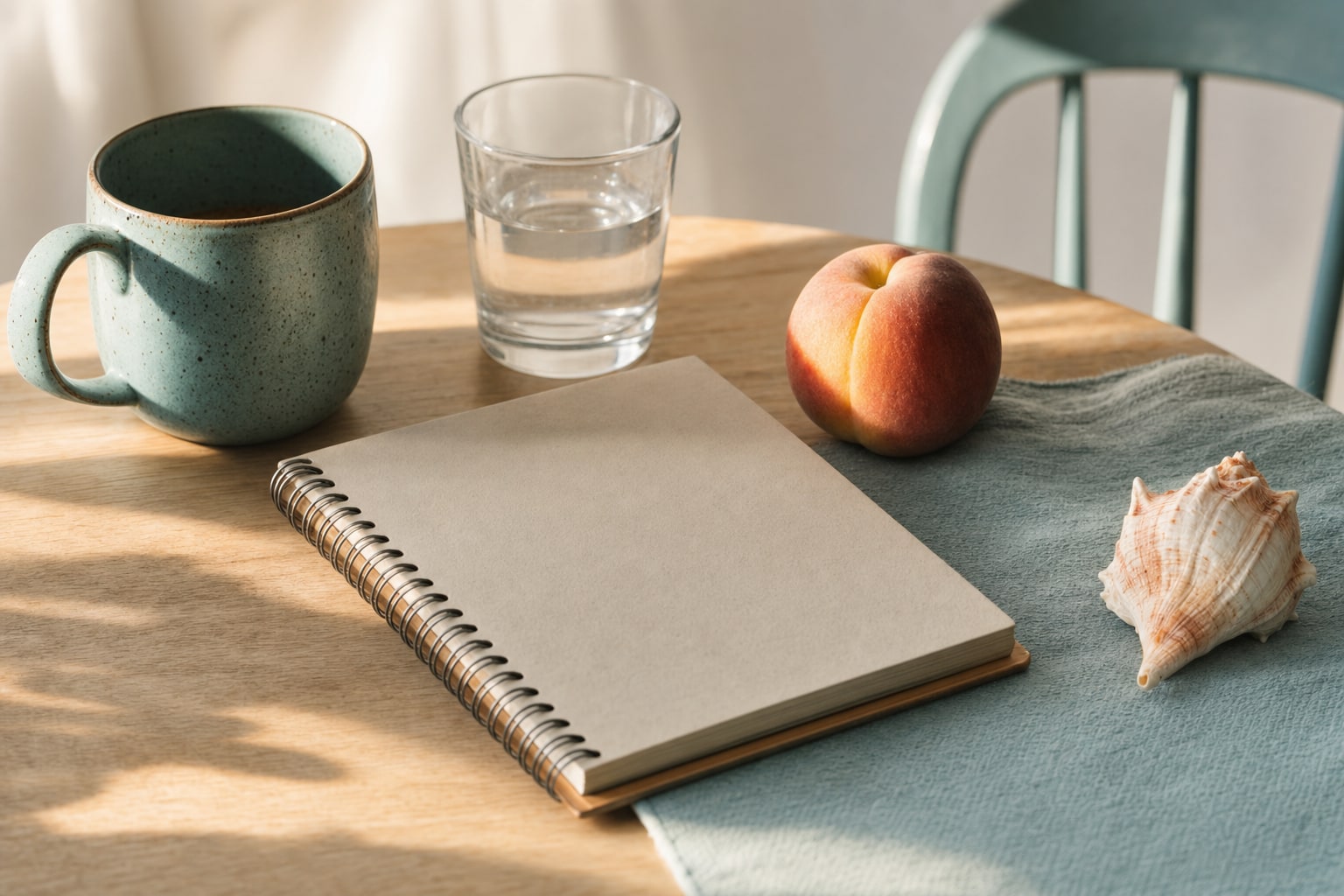 A ceramic mug, water, peach, shell, and blank notebook on a sunlit table