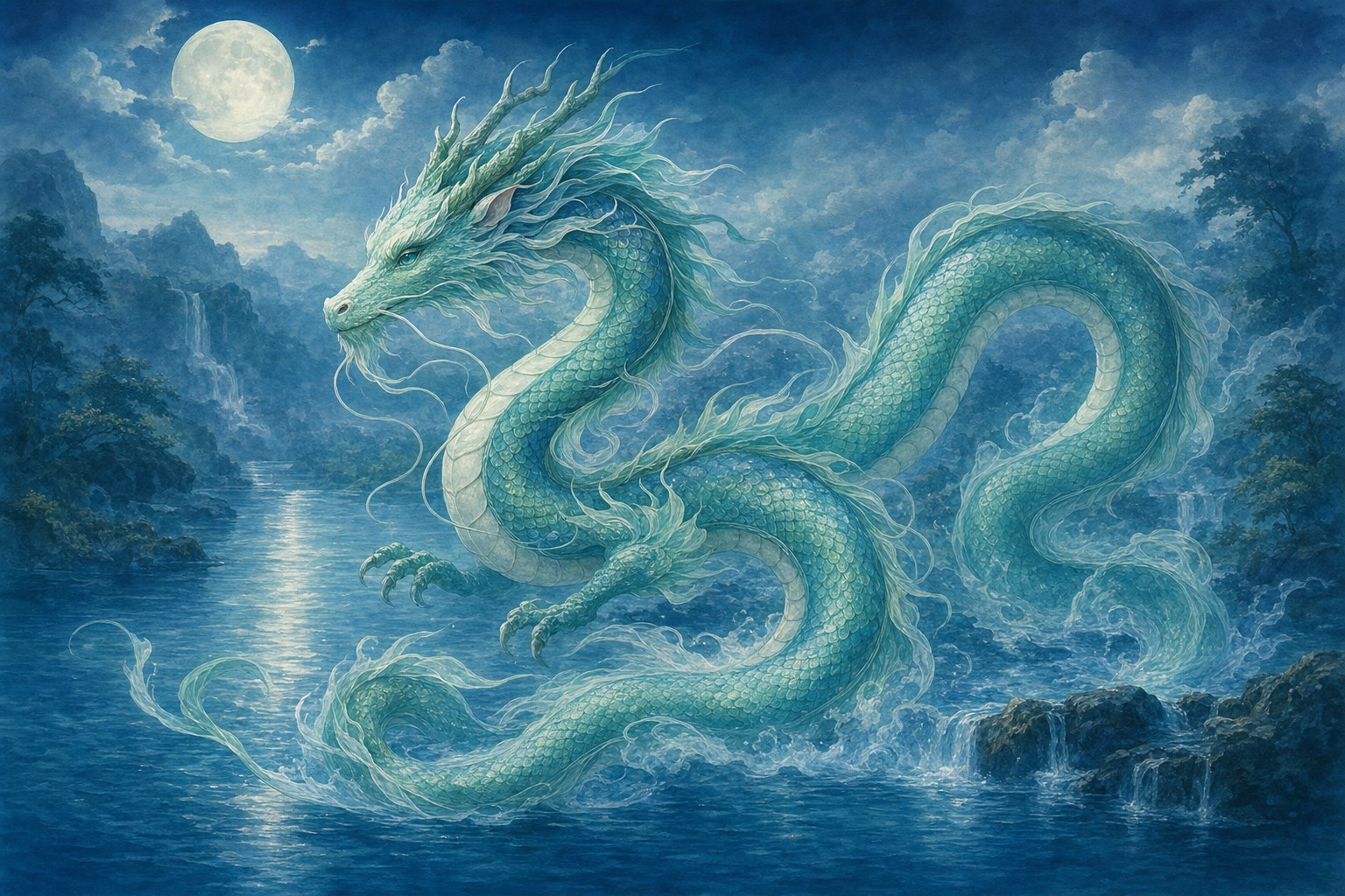 A mystical water dragon winding through a moonlit river