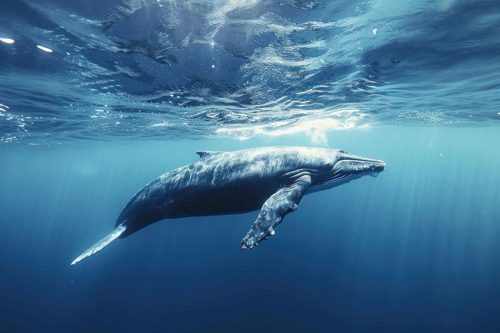 A full-body humpback whale swimming beneath a sunlit ocean surface