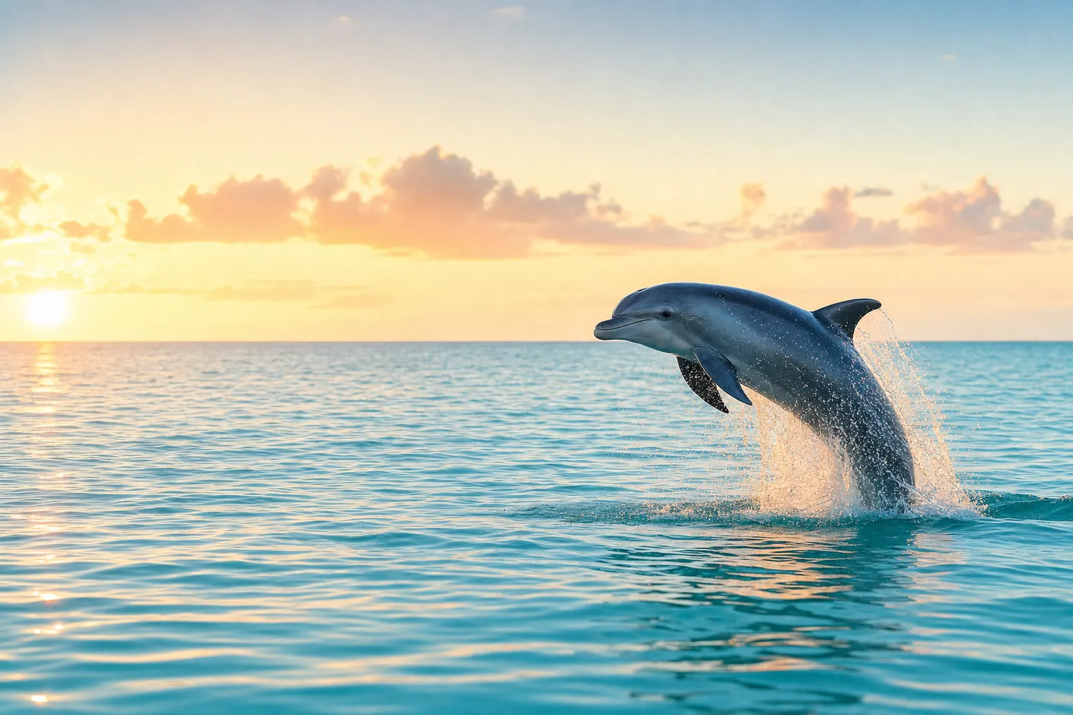 A dolphin leaping above calm ocean water at sunrise