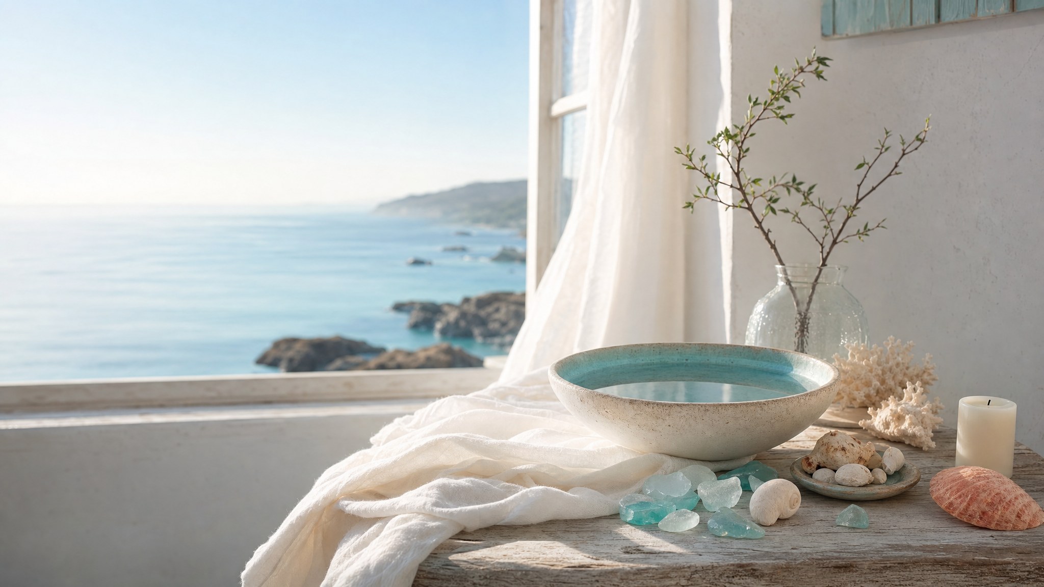 Ocean-view ritual setting with a bowl of water, sea glass, shells, and linen