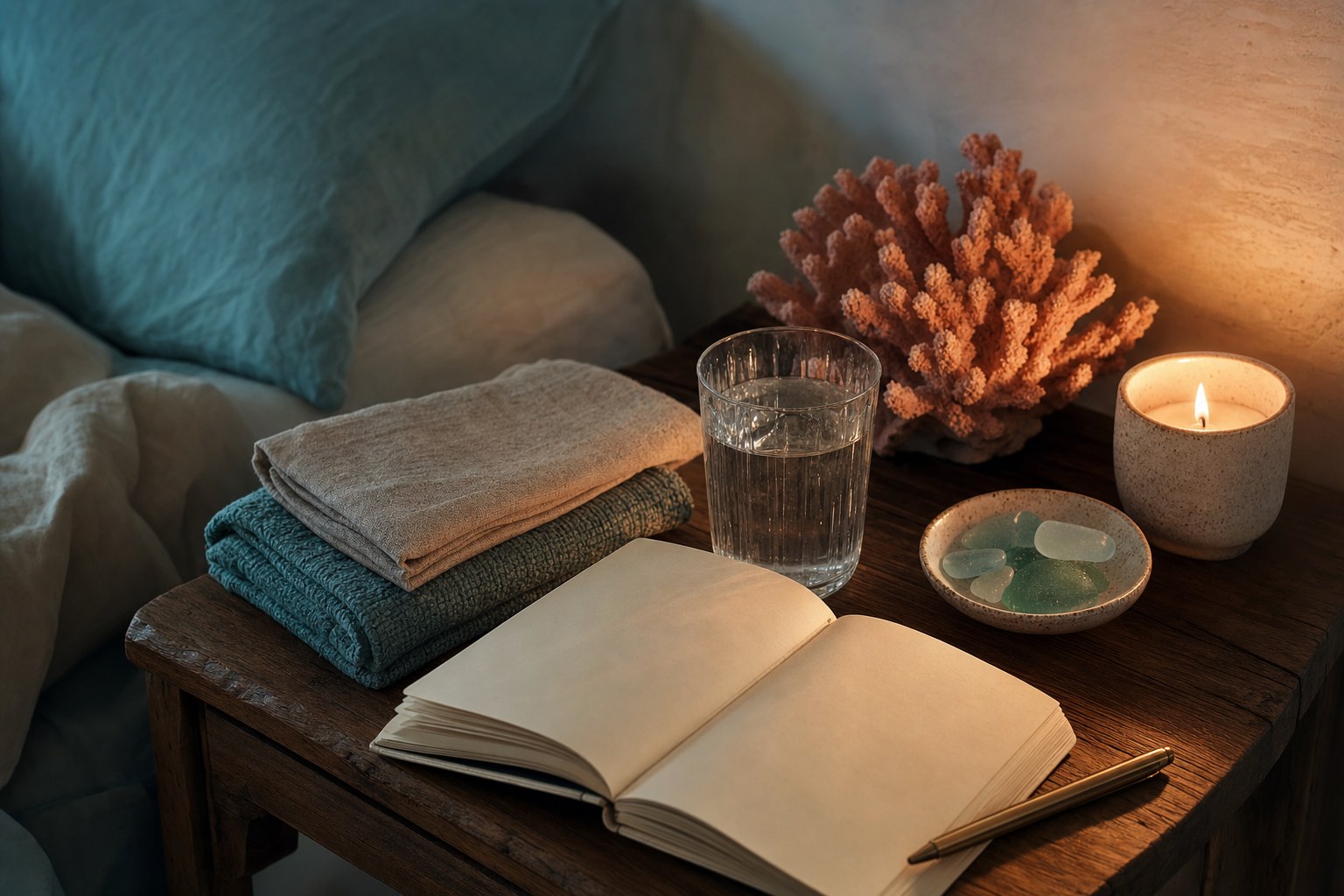 Evening ritual corner with linen, sea glass, a journal, water, and a candle