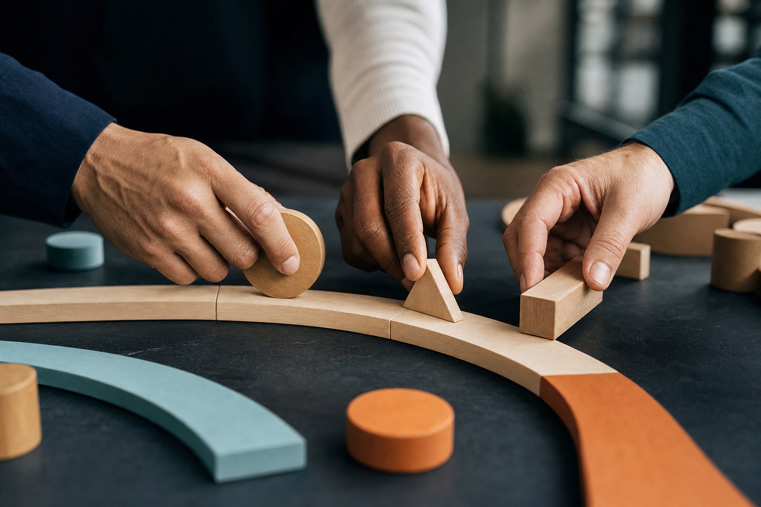 Three people placing wooden pieces together on a shared path