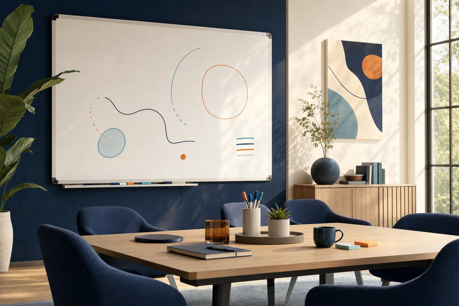 A bright meeting room prepared for a leadership feedback session
