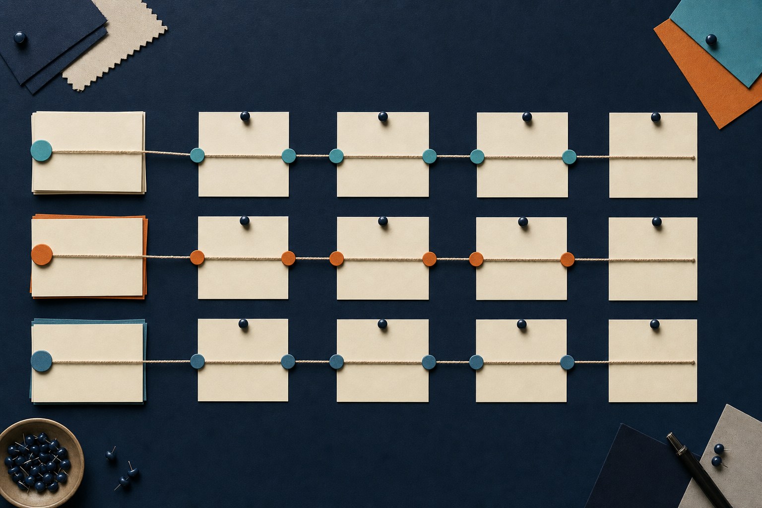 Blank planning cards arranged in lanes to map the path of organizational change