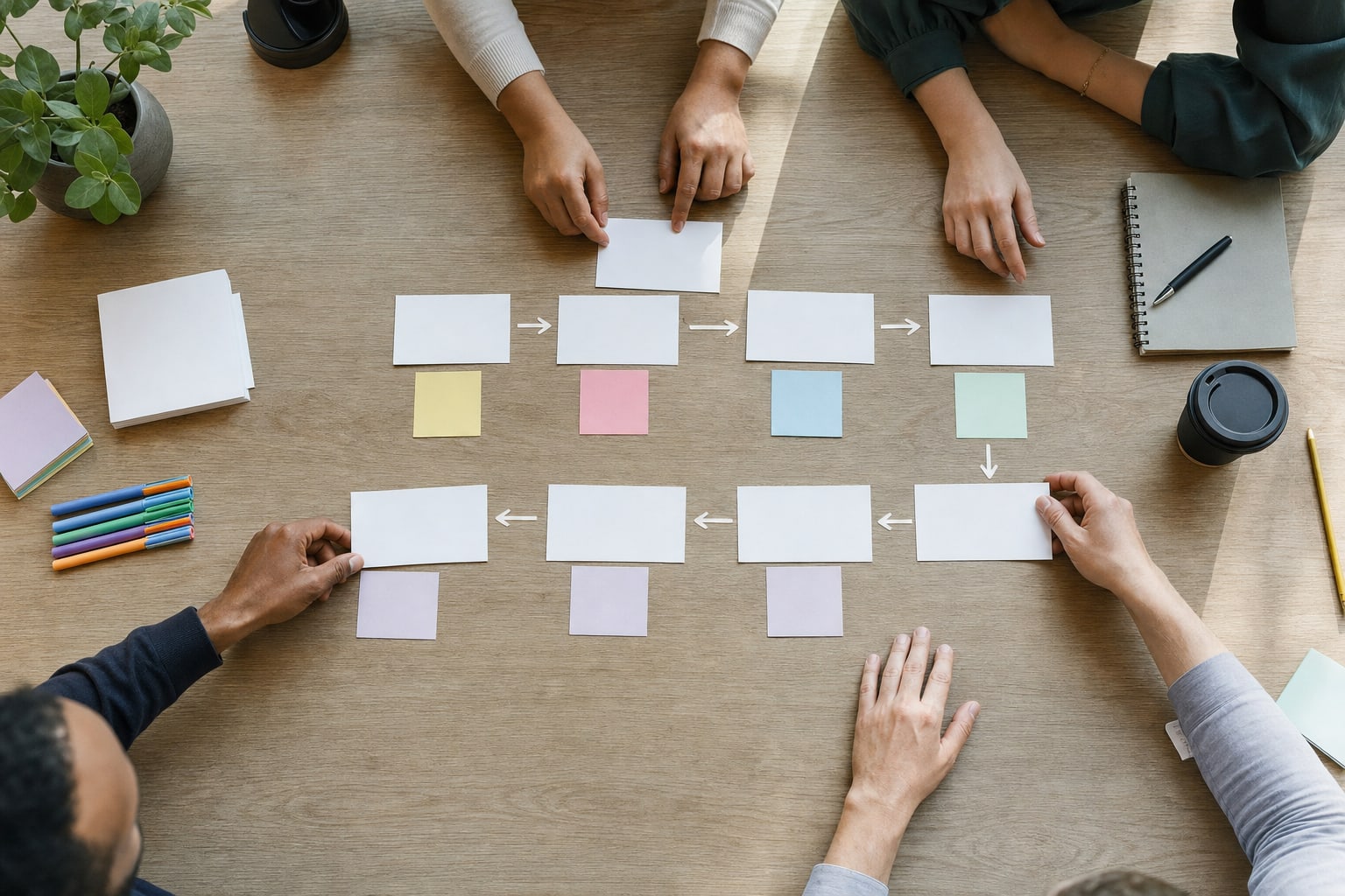 Hands arranging a sequence of blank cards for a communication plan