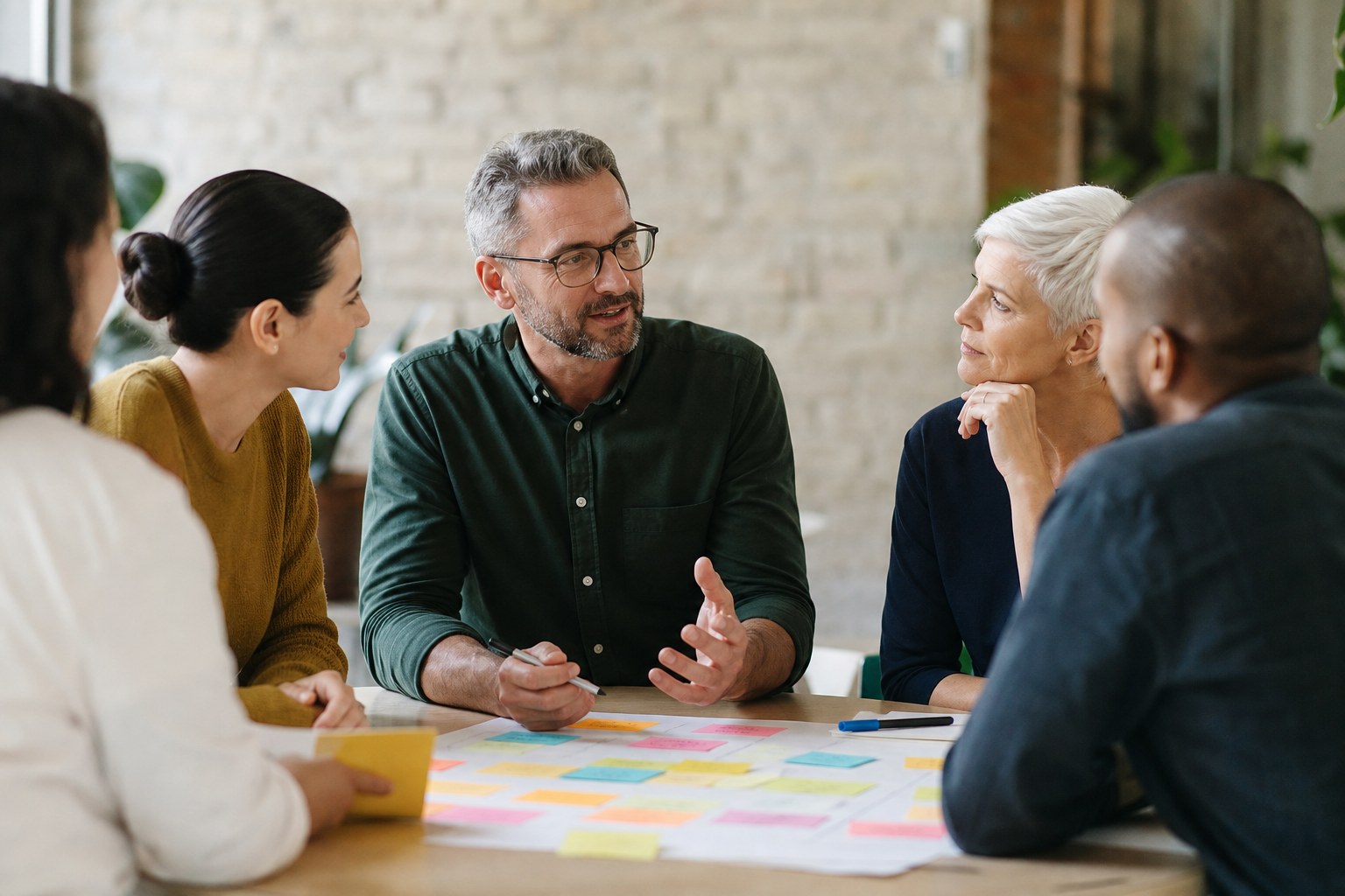 Cross-functional team discussing feedback from a change workshop
