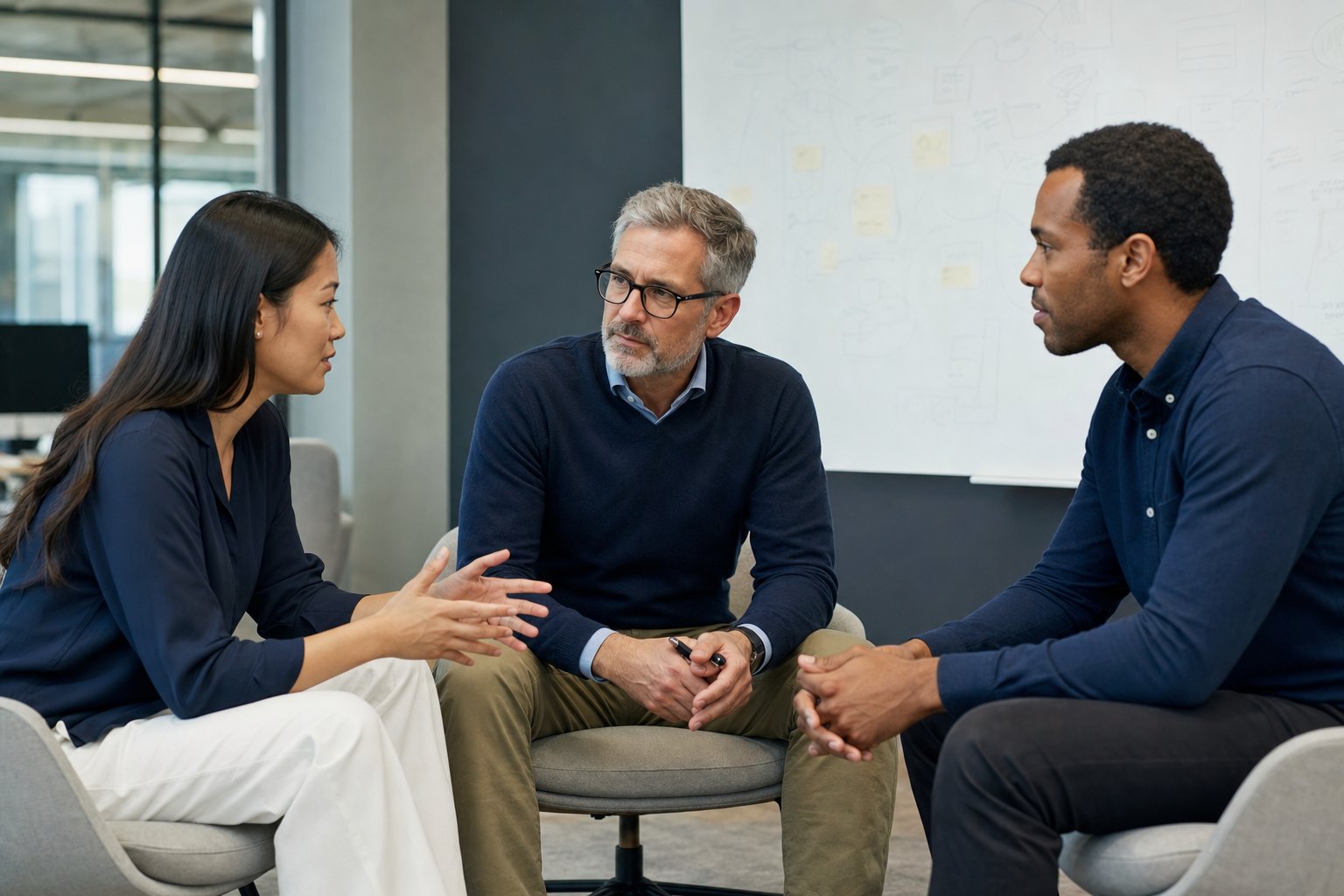 Manager listening to colleagues during a focused work conversation