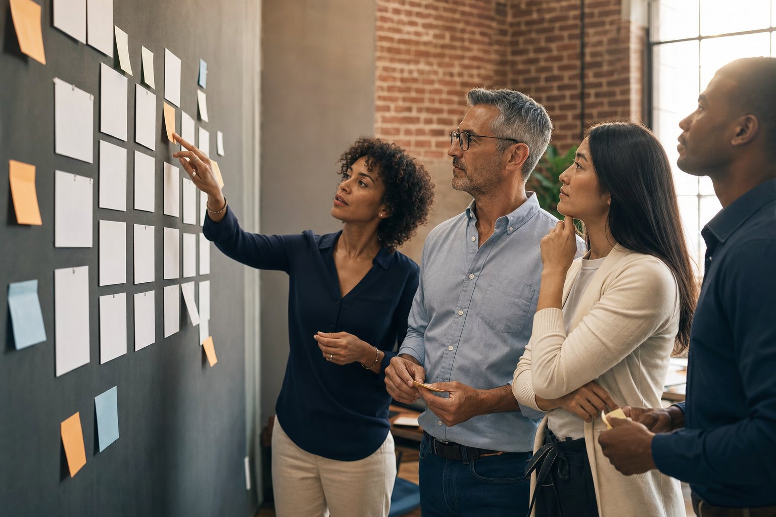 Business leaders sequencing a change plan on a wall of planning cards