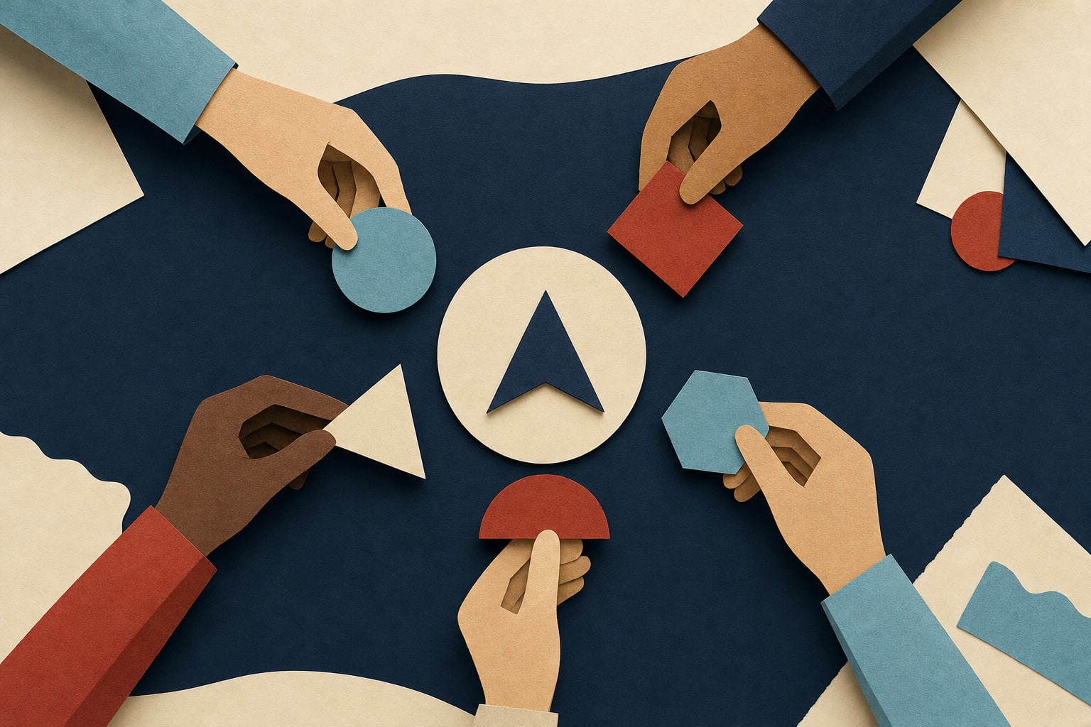 Editorial illustration of leaders aligning around a shared decision