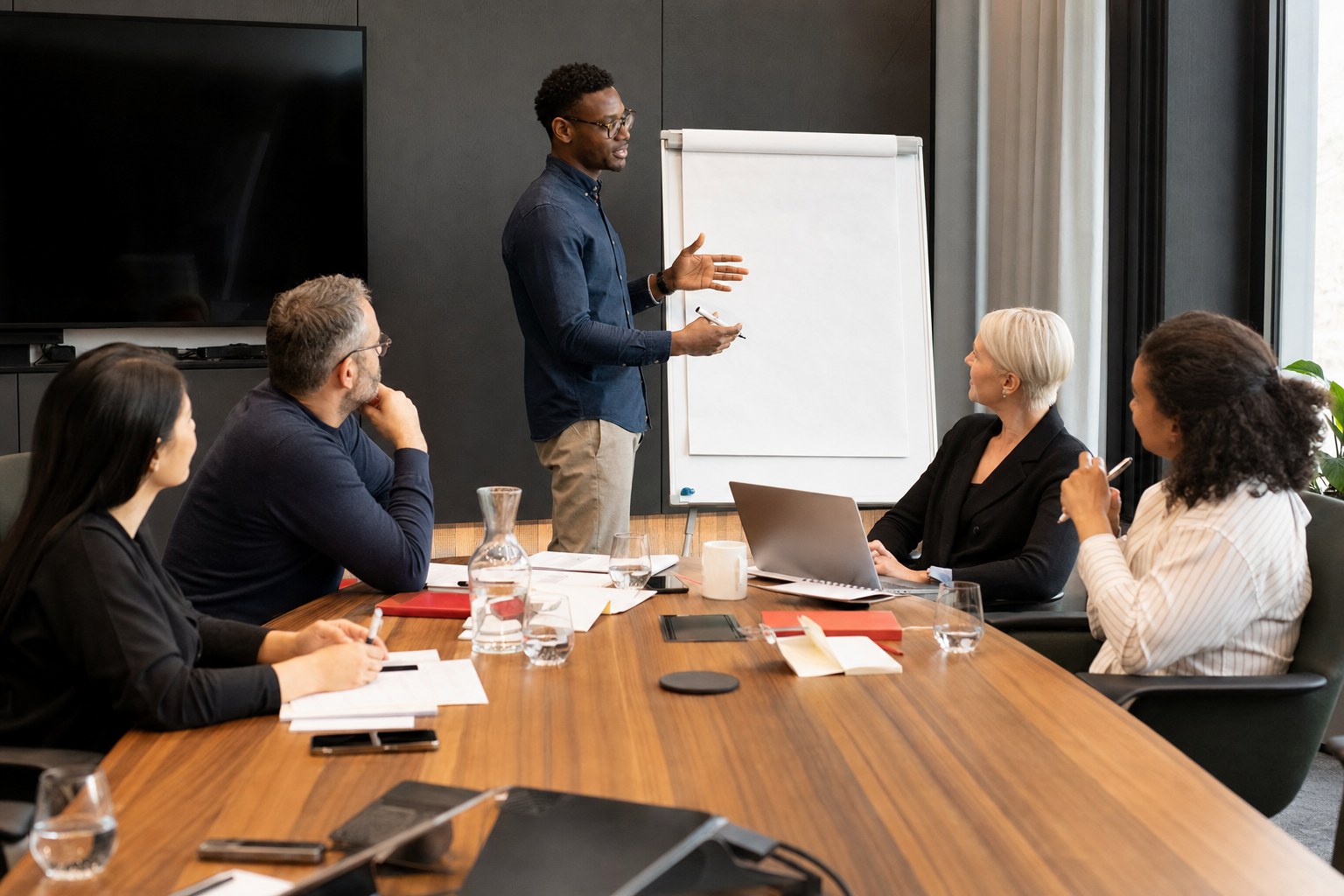Leadership team discussing a change approach around a conference table