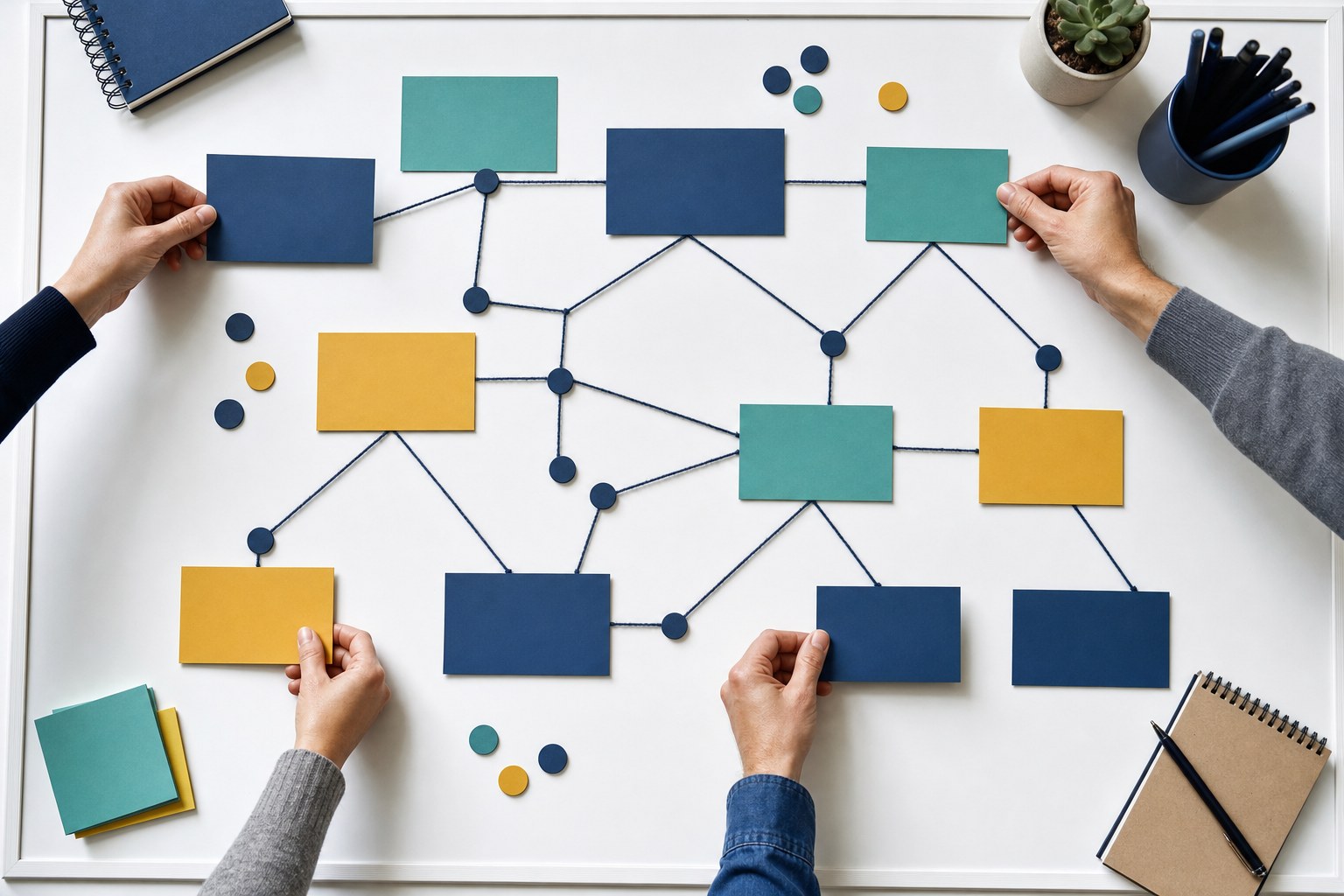 Hands arranging blank planning cards into a connected change map