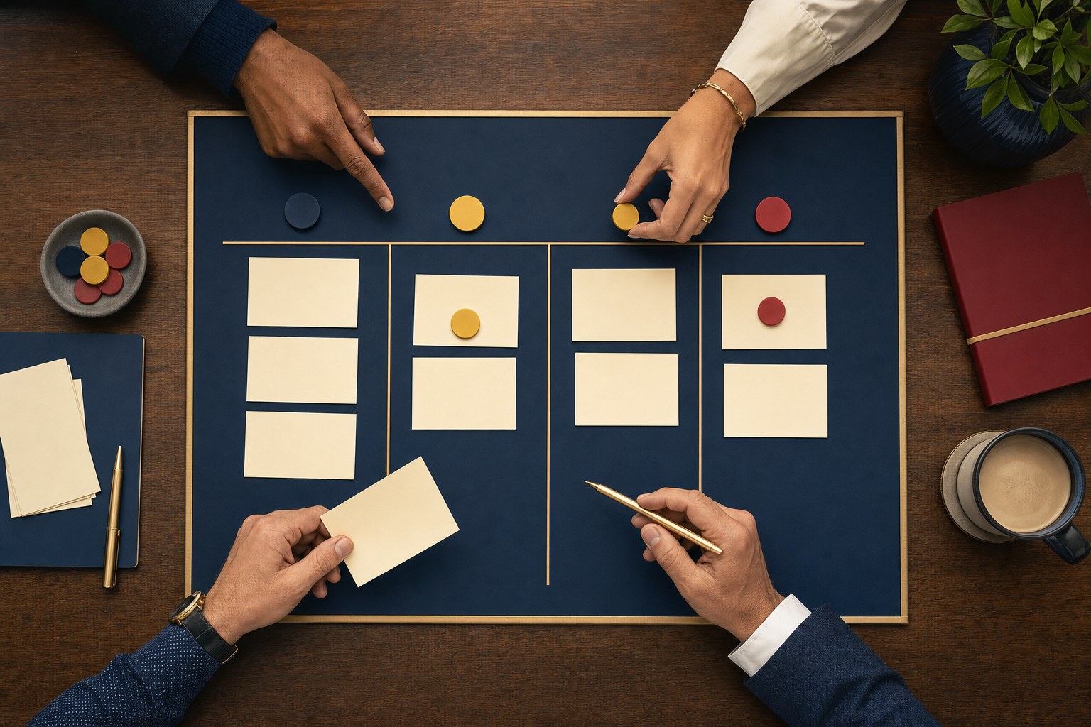 Leaders reviewing a physical board with blank cards and progress markers