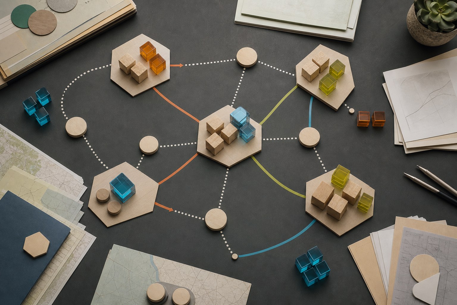 A tabletop map with connected paths and markers representing a portfolio of change