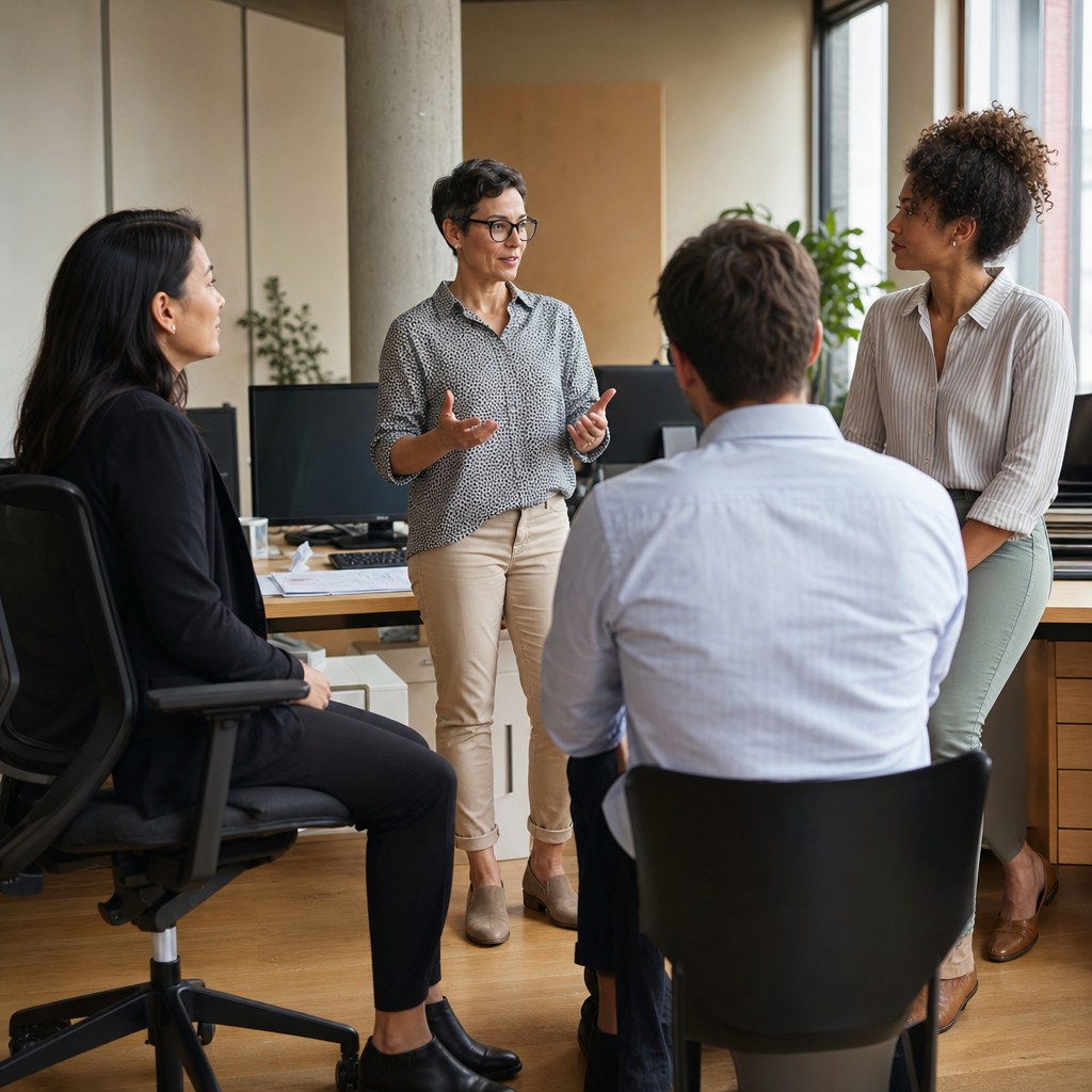 Manager discussing a strategic change with a small team