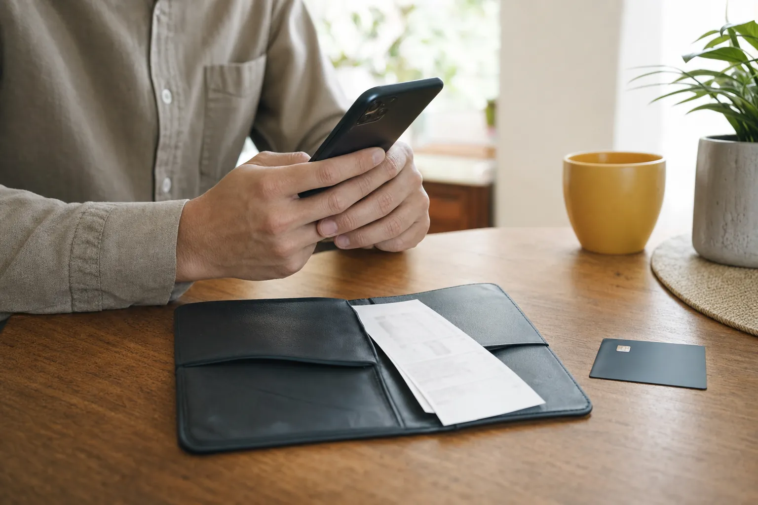 person checking a phone beside a receipt holder and unbranded payment card