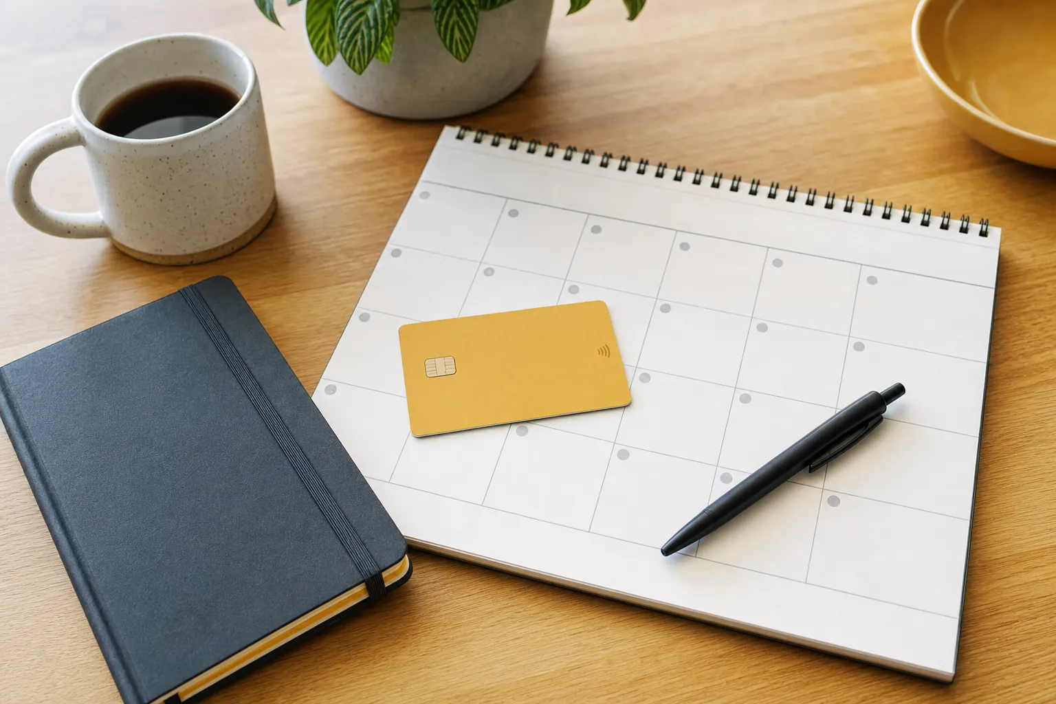 unbranded card, calendar and pen on a tidy table