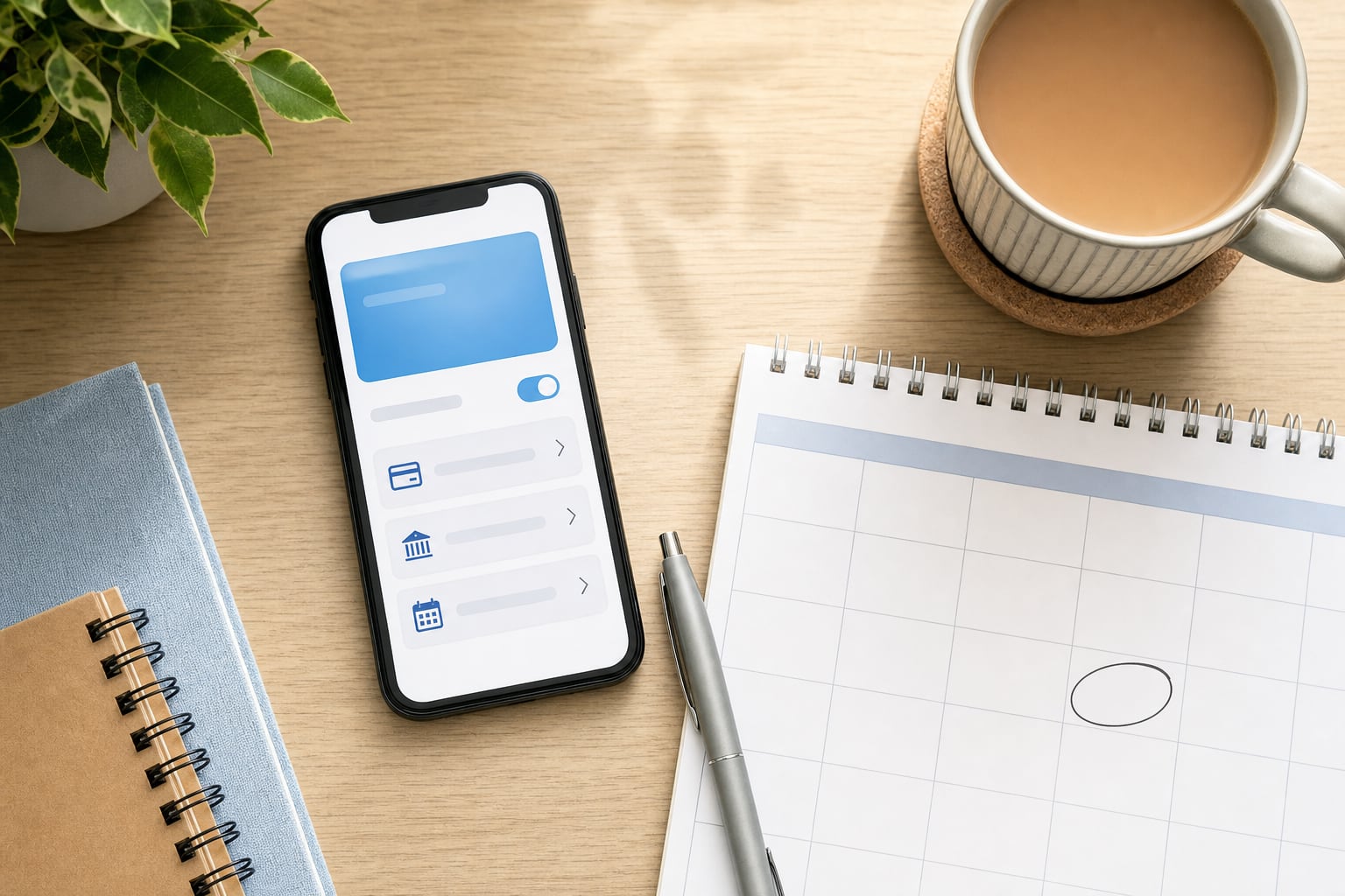 phone payment settings beside a calendar and pen