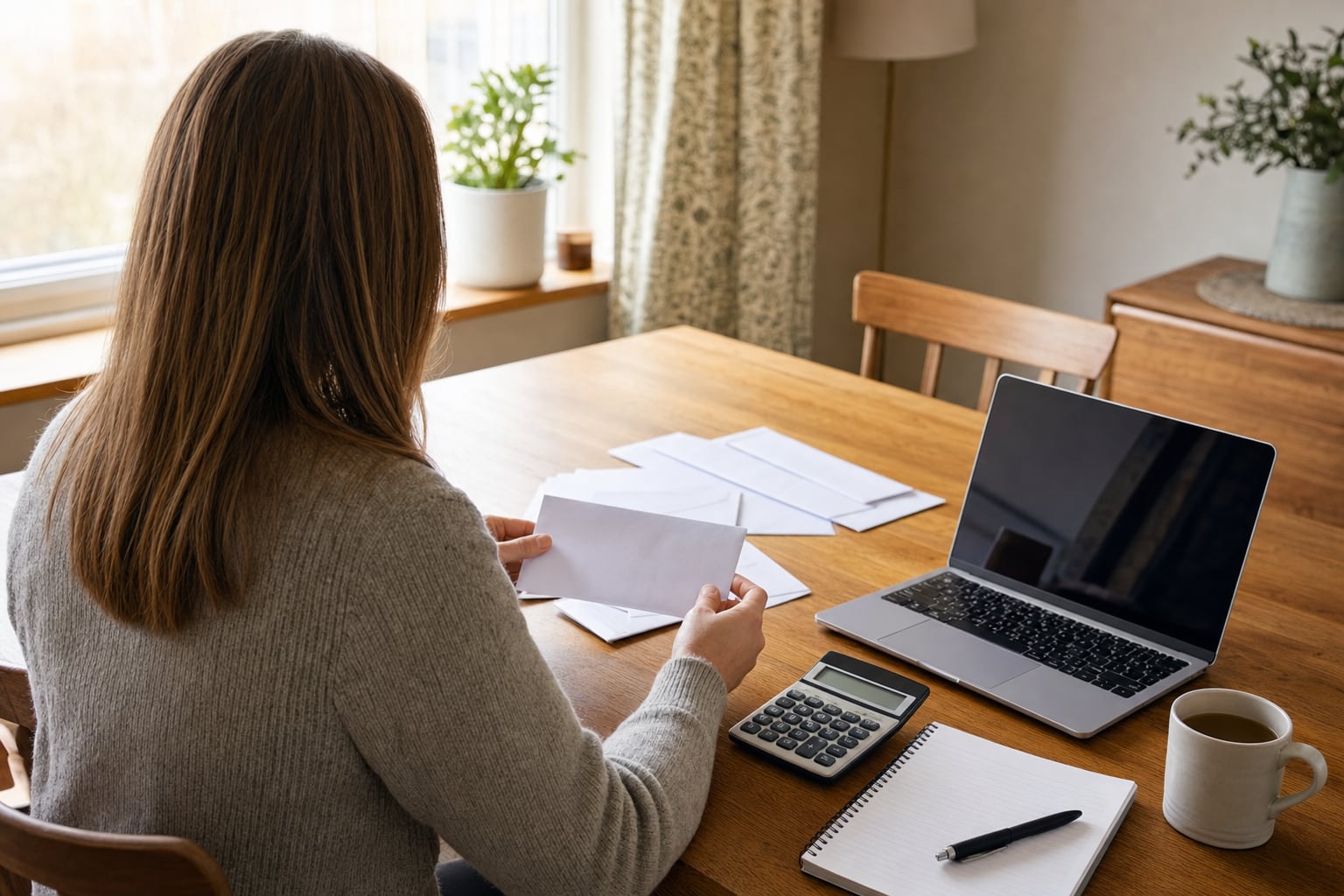 person reviewing household envelopes and a calculator at a table