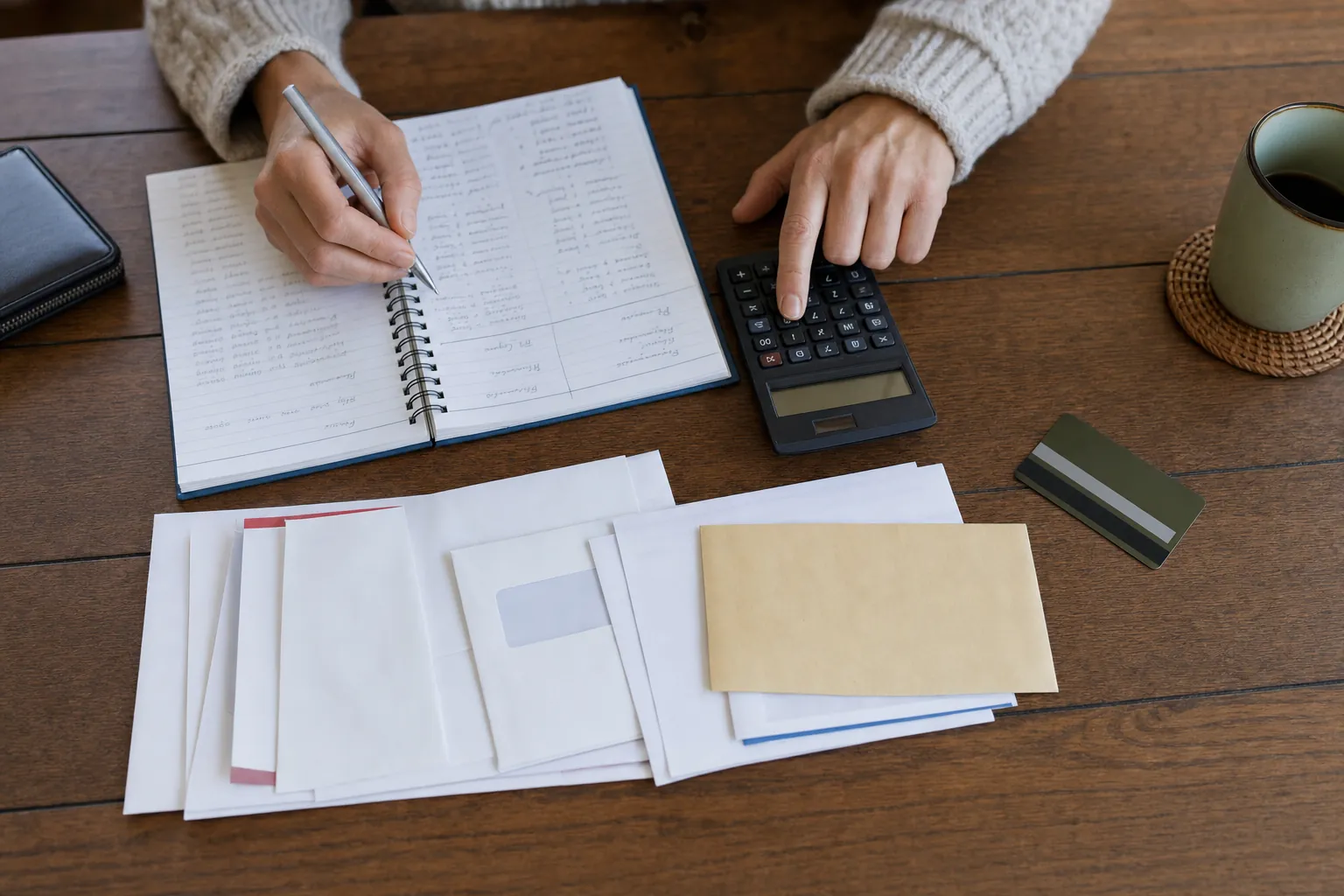 person using a calculator and a household budget notebook at a dining table