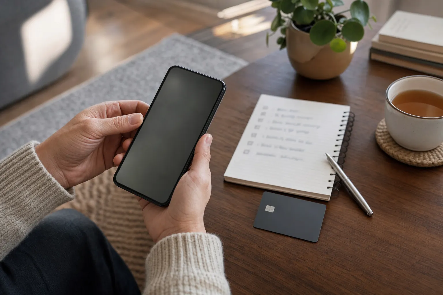 person holding a phone beside a notebook and an unbranded card while considering the next step