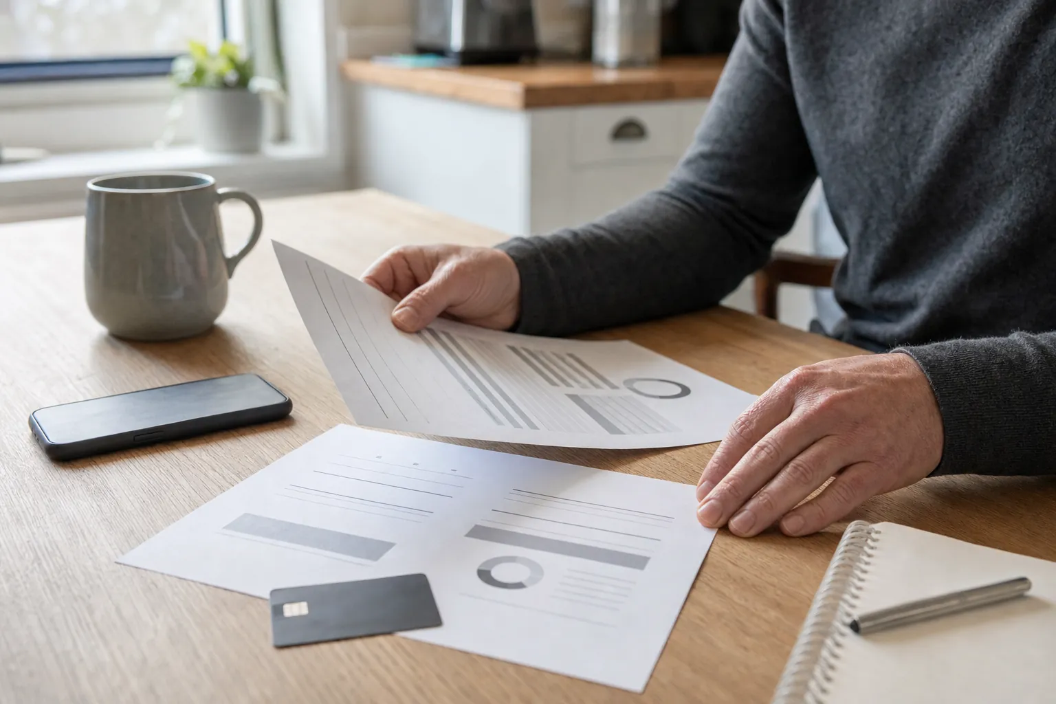 person reviewing a generic credit report and budget papers at a kitchen table