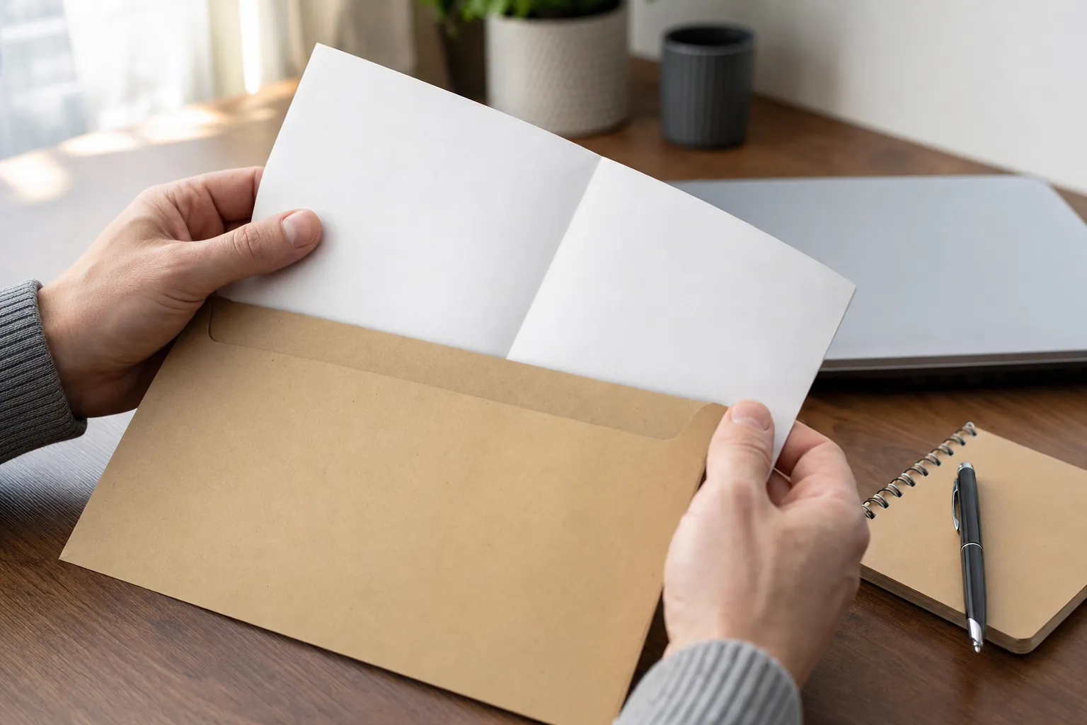 person opening a plain envelope at a home desk before reviewing their financial position
