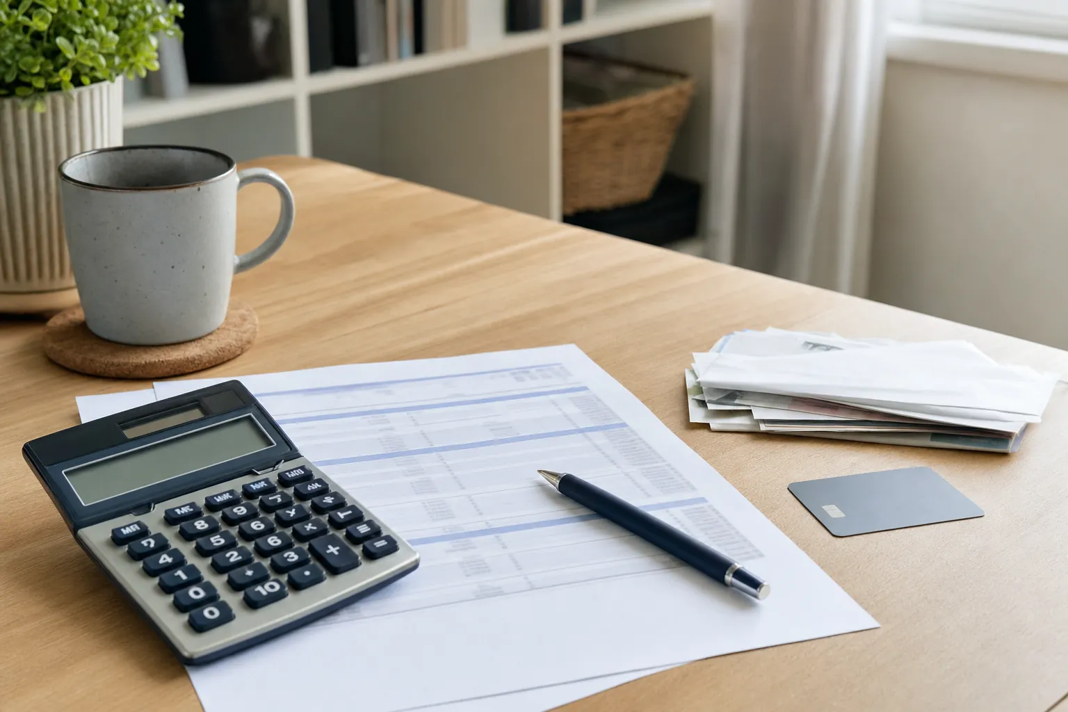 calculator, monthly budget paperwork and an unbranded credit card on a desk