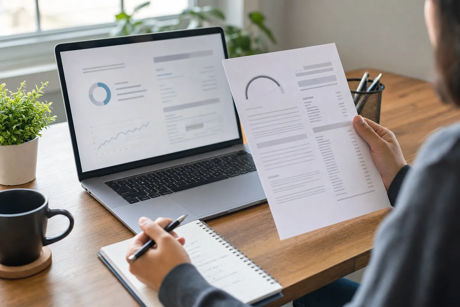person reviewing a credit report-style document beside a laptop