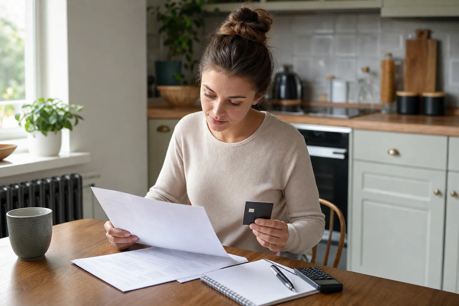person reviewing mortgage paperwork and an unbranded credit card at a kitchen table