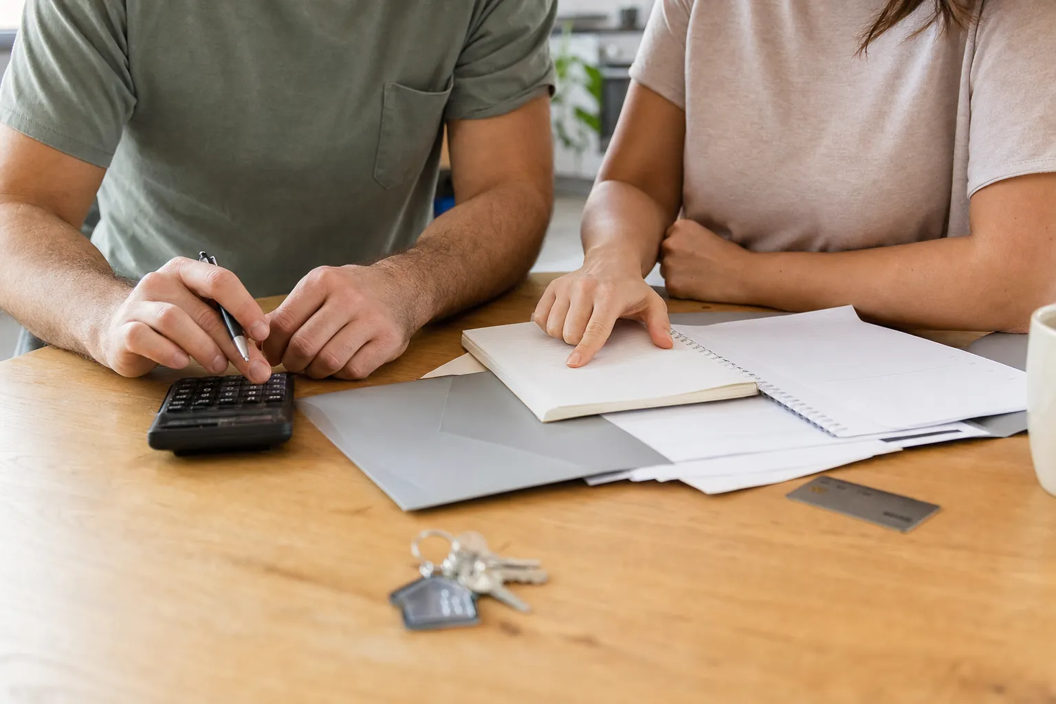 couple reviewing household budget papers and house keys at a table