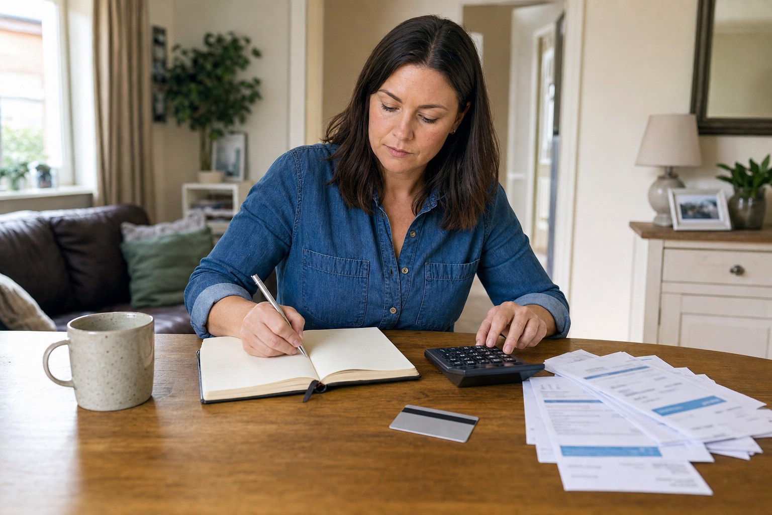 person making a household budget beside a calculator and an unbranded card