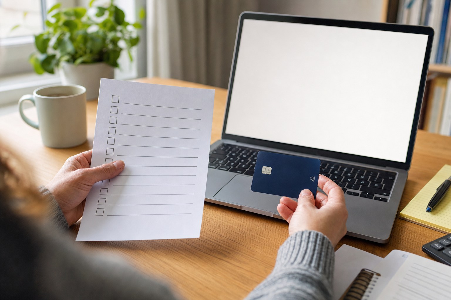 person comparing a simple checklist with an unbranded card and laptop