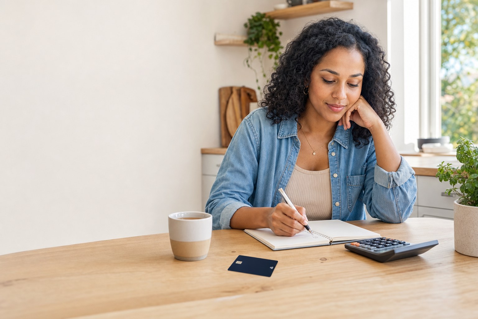 person reviewing a household budget beside an unbranded card