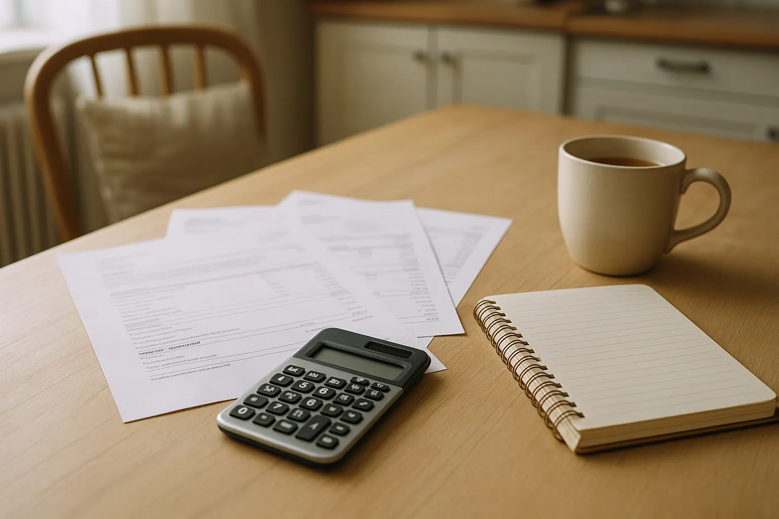 calculator, statements and notebook on a kitchen table