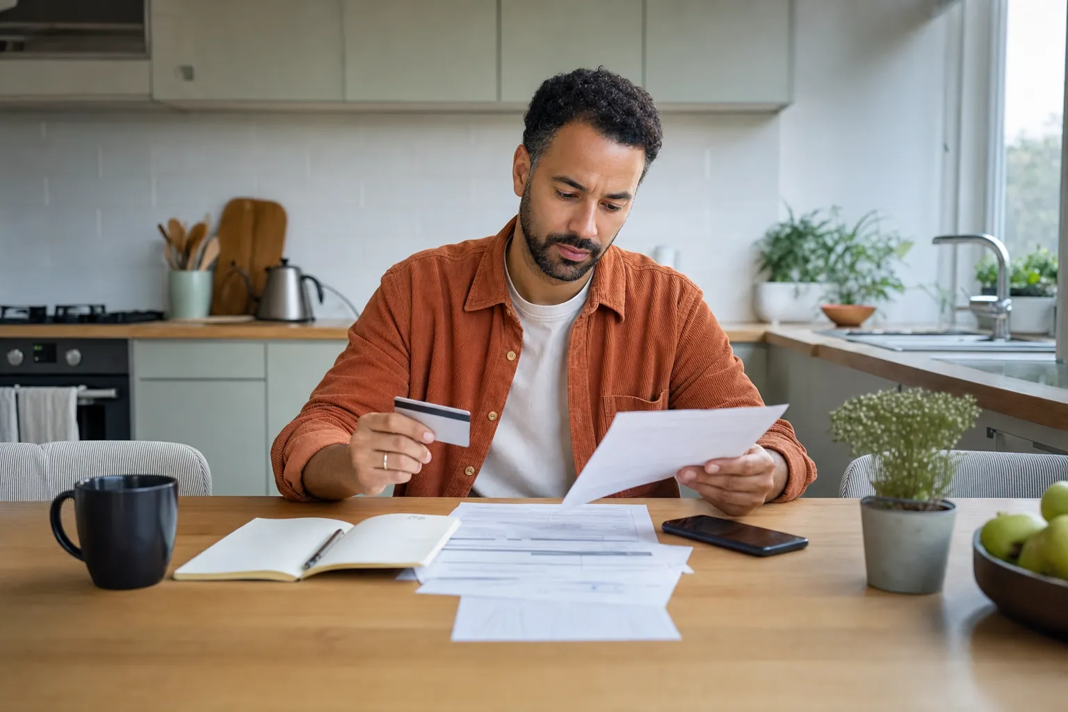 person reviewing an unbranded card statement at a kitchen table