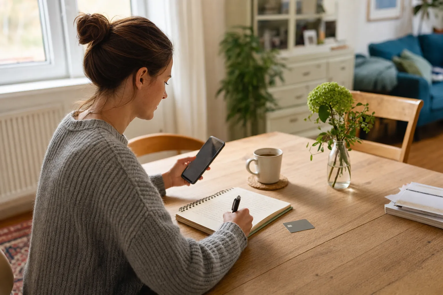 person making a calm budget note beside a phone and unbranded card