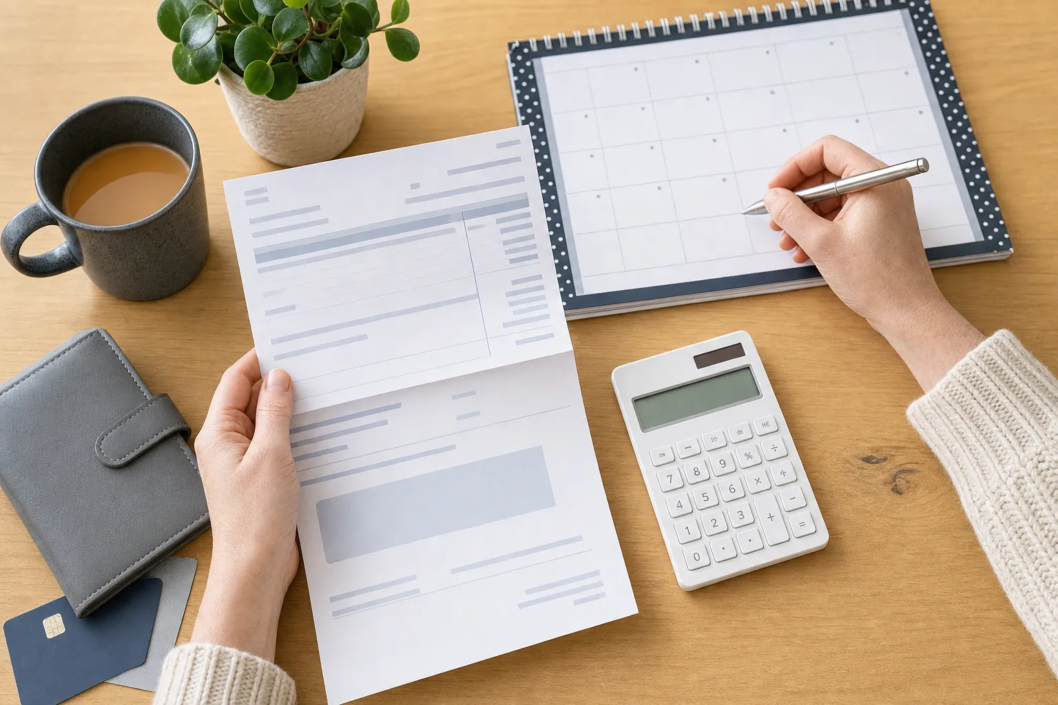 calendar, calculator and unbranded card statement used to plan a payment