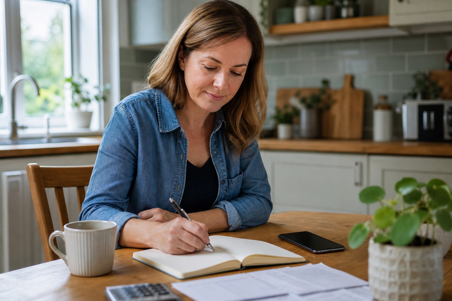 person writing a household budget note at a kitchen table