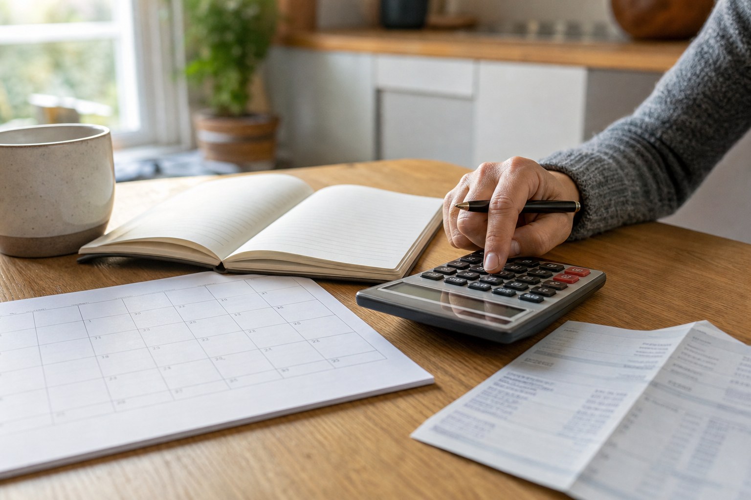 calculator, calendar and notebook used to plan household payments