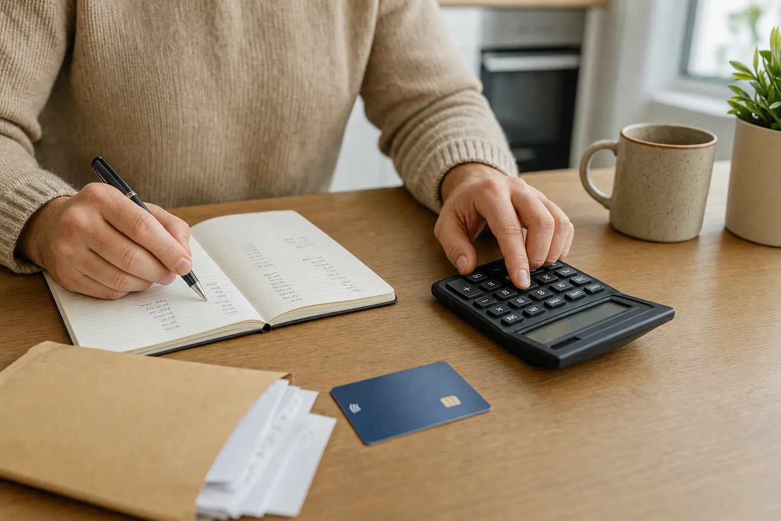 calculator, household bills and an unbranded card on a table